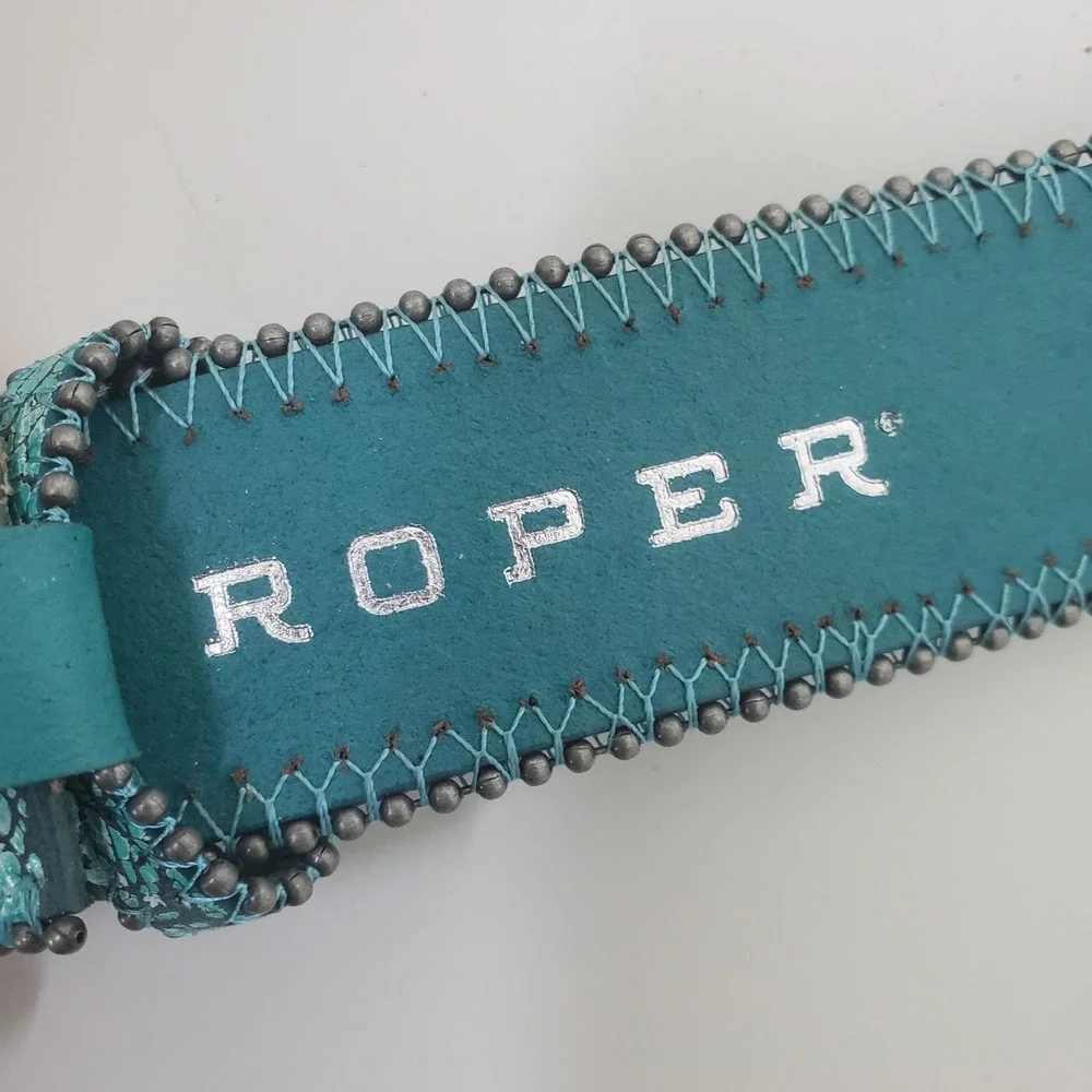 Roper Womens Turquoise Crackle Leather Western Belt Floral Buckle Size L 8486790